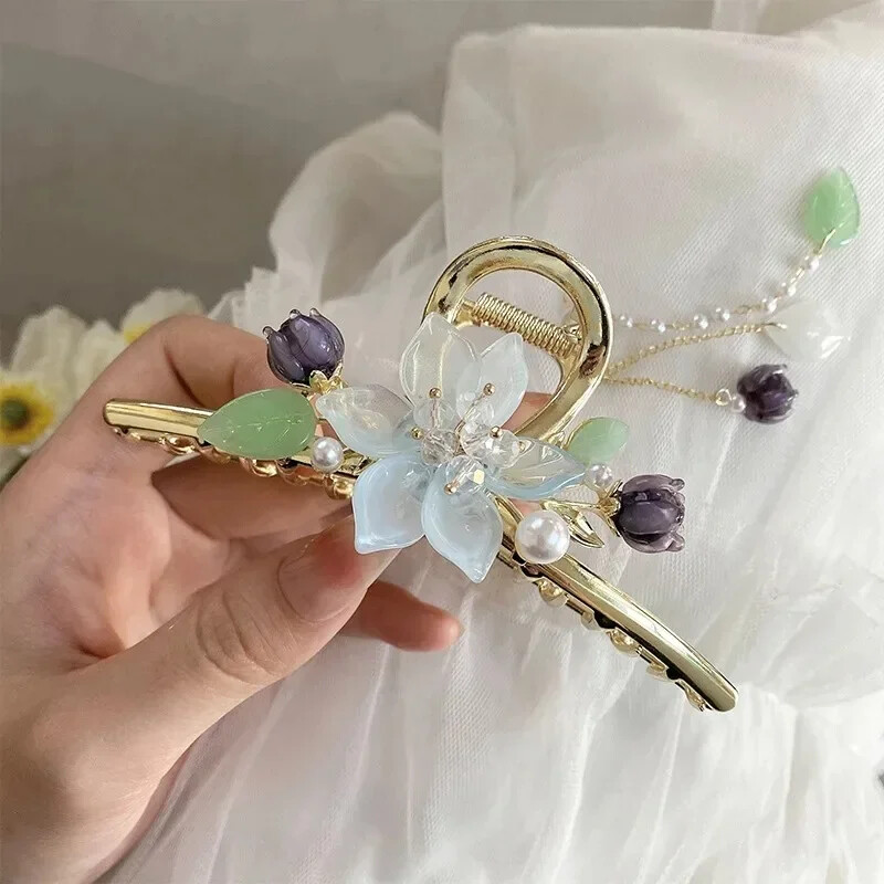 Sponka do vlasov s kvetmi orchideí a perlami, strapcami, dámsky cop, žraločí vlasový klip, sladké sponky do vlasov, dievčenské módne vlasové doplnky