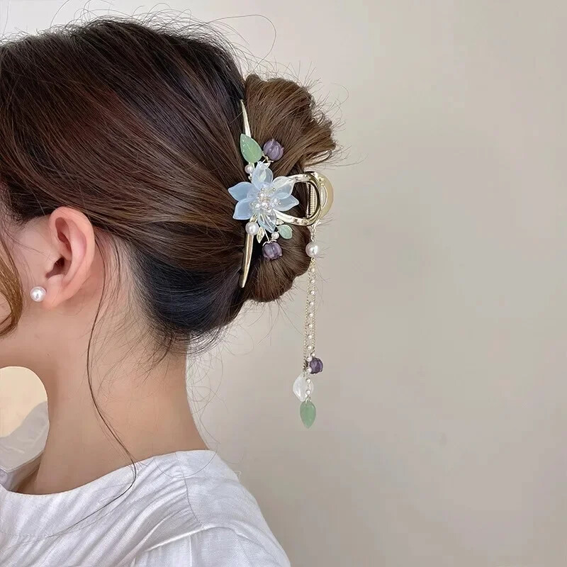 Sponka do vlasov s kvetmi orchideí a perlami, strapcami, dámsky cop, žraločí vlasový klip, sladké sponky do vlasov, dievčenské módne vlasové doplnky