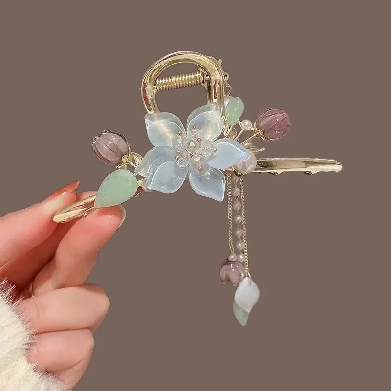Sponka do vlasov s kvetmi orchideí a perlami, strapcami, dámsky cop, žraločí vlasový klip, sladké sponky do vlasov, dievčenské módne vlasové doplnky