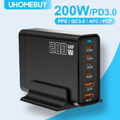 UHOMEBUY 200W GaN napájací adaptér 6-portová USB-C stolná nabíjačka USB typu C PD rýchlonabíjacia nabíjačka pre notebook, tablet, mobilný telefón