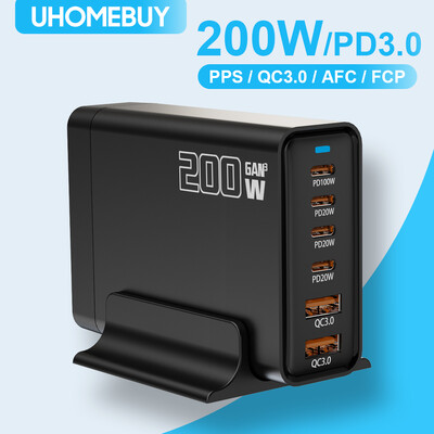 UHOMEBUY 200W GaN захранващ адаптер 6-портов USB C зарядно за настолен компютър USB тип C PD зарядно бързо зареждане за лаптоп, таблет, мобилен телефон