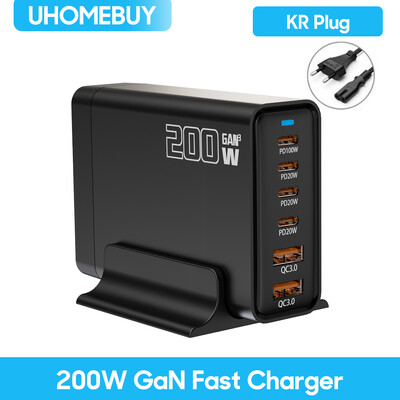 UHOMEBUY 200W GaN napájací adaptér 6-portová USB-C stolná nabíjačka USB typu C PD rýchlonabíjacia nabíjačka pre notebook, tablet, mobilný telefón