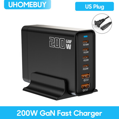 UHOMEBUY 200W GaN napájací adaptér 6-portová USB-C stolná nabíjačka USB typu C PD rýchlonabíjacia nabíjačka pre notebook, tablet, mobilný telefón