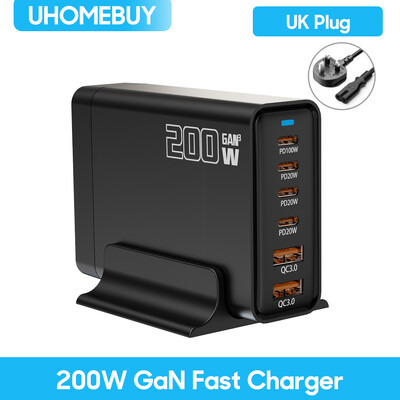 UHOMEBUY 200W GaN napájací adaptér 6-portová USB-C stolná nabíjačka USB typu C PD rýchlonabíjacia nabíjačka pre notebook, tablet, mobilný telefón