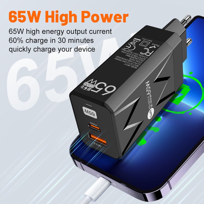 65W GaN PD nabíjačka s rýchlou nabíjačkou QC3.0 USB typu C pre iPhone 15 14 13 12 11 Xiaomi nabíjačka telefónov iPad tabletov rýchla nabíjačka