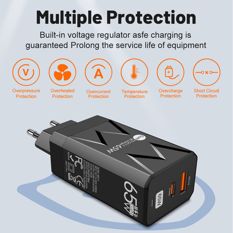 65W GaN PD nabíjačka s rýchlou nabíjačkou QC3.0 USB typu C pre iPhone 15 14 13 12 11 Xiaomi nabíjačka telefónov iPad tabletov rýchla nabíjačka