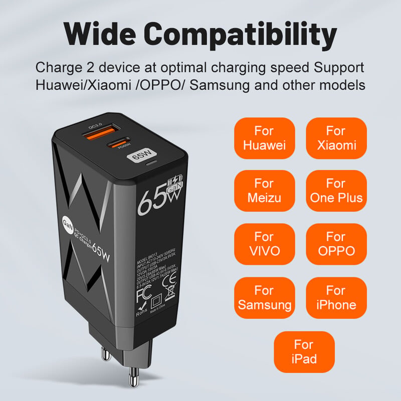65W GaN PD nabíjačka s rýchlou nabíjačkou QC3.0 USB typu C pre iPhone 15 14 13 12 11 Xiaomi nabíjačka telefónov iPad tabletov rýchla nabíjačka
