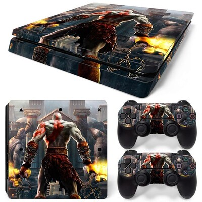 Samolepka God of War pre PS4 Slim, ochranné skiny pre PS4 Slim, vinylová nálepka pre PS4 Slim + skiny pre 2 ovládače.
