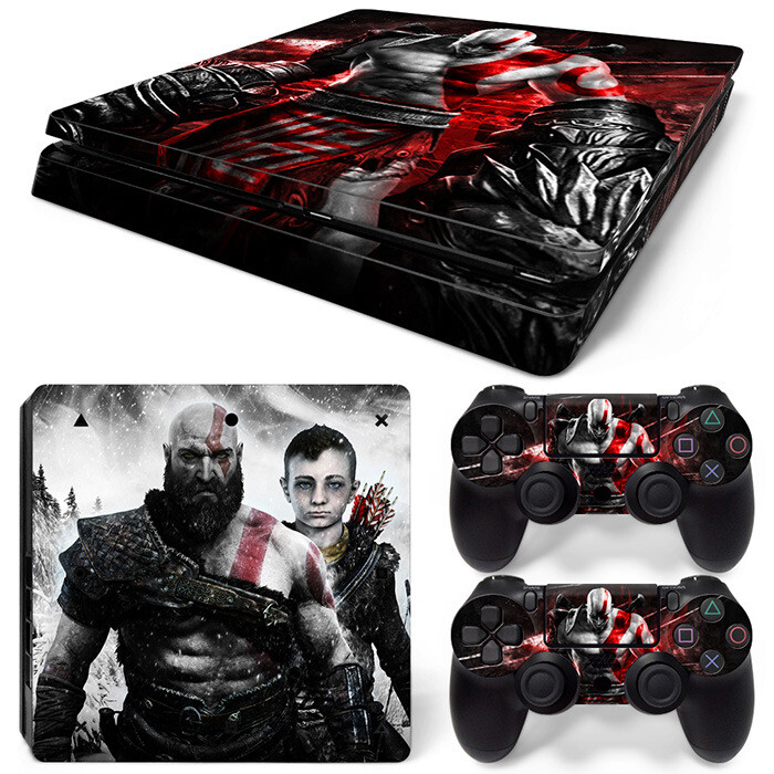 Samolepka God of War pre PS4 Slim, ochranné skiny pre PS4 Slim, vinylová nálepka pre PS4 Slim + skiny pre 2 ovládače.