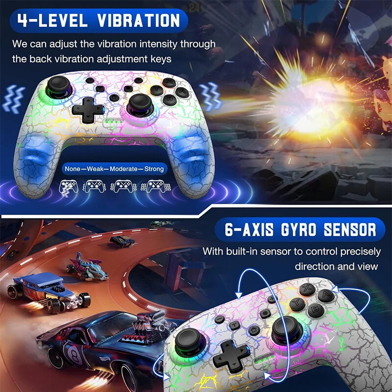 GAMINJA Wireless Gamepad LED CRACK FOLYAMAT Nintendo Switch TV Box PS3 Joystick vezérlőhöz Hat tengelyes giroszkóp, kettős vibráció