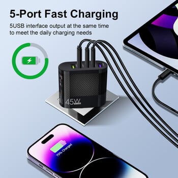 Τροφοδοτικό 45W γρήγορης φόρτισης 5 θυρών USB C QC 3.0 Προσαρμογέας φορτιστή κινητού τηλεφώνου Τύπος C PD για iPhone 15 14 Xiaomi Samsung Huawei