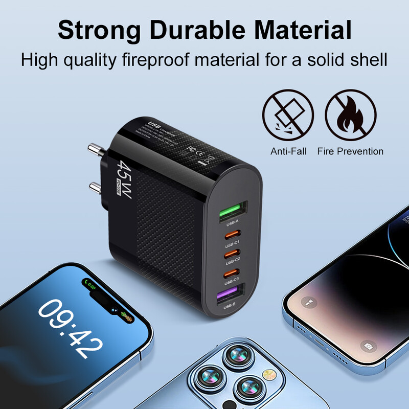 45W 5 porturi Încărcare rapidă USB C QC 3.0 Sursă de alimentare Adaptor încărcător telefon mobil tip C PD pentru iPhone 15 14 Xiaomi Samsung Huawei