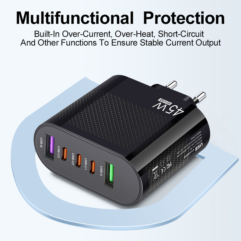 45W 5 porturi Încărcare rapidă USB C QC 3.0 Sursă de alimentare Adaptor încărcător telefon mobil tip C PD pentru iPhone 15 14 Xiaomi Samsung Huawei