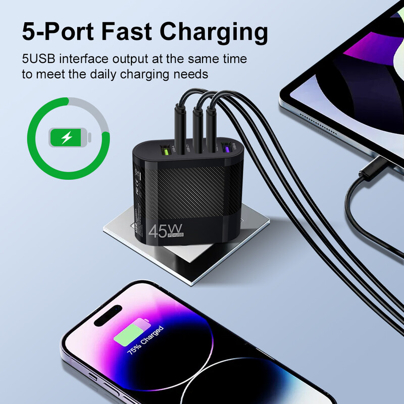 45W 5 porturi Încărcare rapidă USB C QC 3.0 Sursă de alimentare Adaptor încărcător telefon mobil tip C PD pentru iPhone 15 14 Xiaomi Samsung Huawei