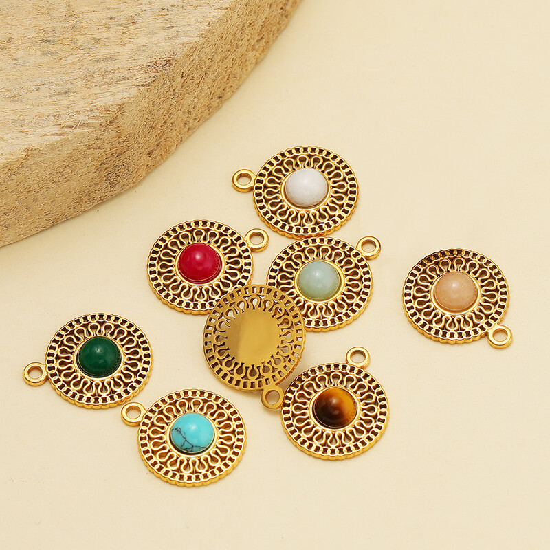 5 vnt nerūdijančio plieno aukso spalvos tuščiaviduriai klasikiniai natūralaus akmens pakabukai, skirti Bohomia kaklo papuošalams