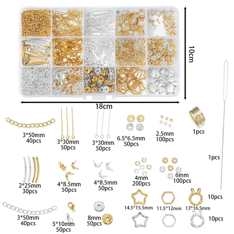1027 vnt / rinkinys Omarų užsegimo karoliukų dangtelis, 9 smeigtukai Kalnų krištolinio akmens karoliukų CCB karoliukų rėmas su adatų rinkiniu, skirtas apyrankių papuošalų gamybai „pasidaryk pats“