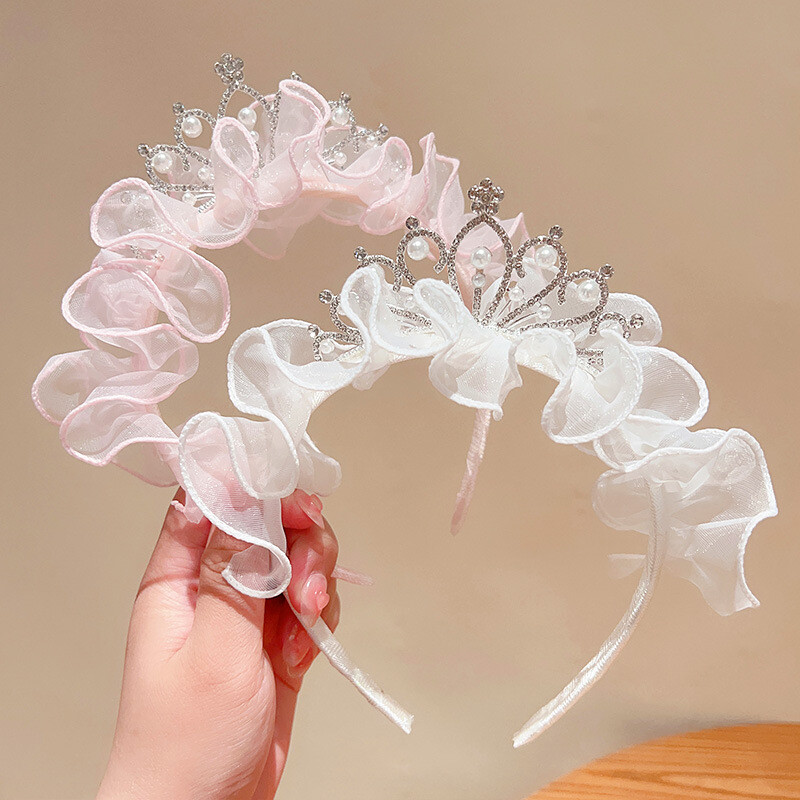 Banda de păr coroană pentru fete, prins, cu stras, dantelă, bentiță drăguță din plasă, pentru petrecere de bal, accesorii de păr pentru copii