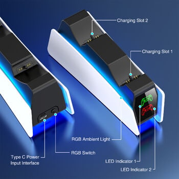 RGB контролер Зарядна станция за PlayStation 5 Двойно бързо зарядно LED индикатор Стойка за зареждане Докинг станция за PS5 геймпад