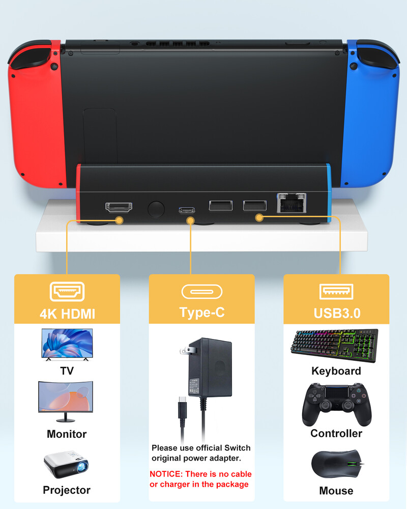 Dokkimisjaam Nintendo Switchi / Switch OLED jaoks, Switch Dock Station 4K HDMI-adapteriga teleri jaoks / C-tüüpi / USB-port