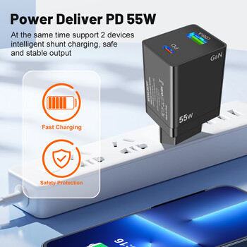 Φορτιστής 55W GaN USB Type C PD QC 3.0 Γρήγορος φορτιστής για φορητό υπολογιστή Macbook IPAD Tablet iPhone 15 14 Samsung S23 Ultra Huawei Xiaomi