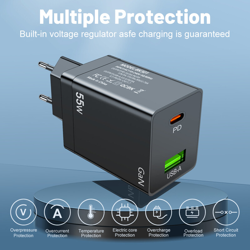 55W GaN USB Type C Incarcator PD QC 3.0 Incarcator rapid pentru Macbook Laptop IPAD Tableta iPhone 15 14 Samsung S23 Ultra Huawei Xiaomi