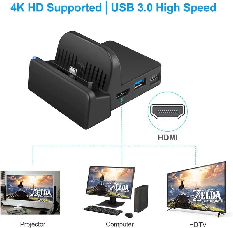 Switch Dock pentru Nintendo Switch Stație de andocare portabilă Nintendo Switch pentru televizor cu porturi de încărcare 4K HDMI/USB 3.0/USB-C