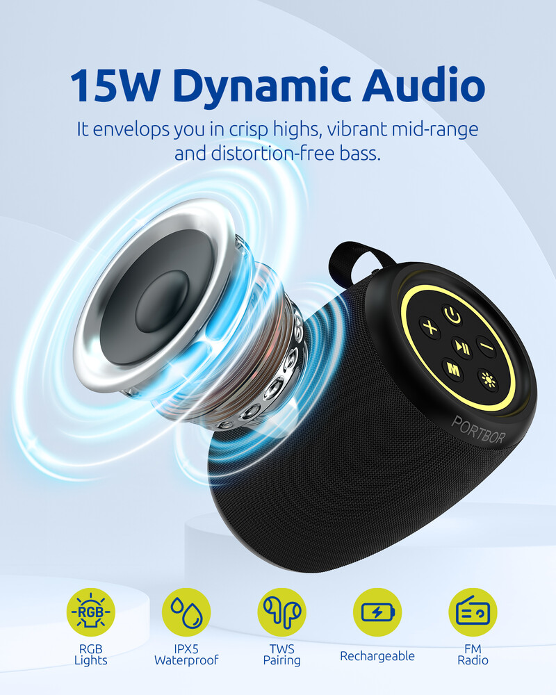 Bluetooth zvučnik, snažan mali prijenosni bežični zvučnik s FM radiom, IPX6 vodootporan, 5 načina rada LED svjetla, mikrofon, USB