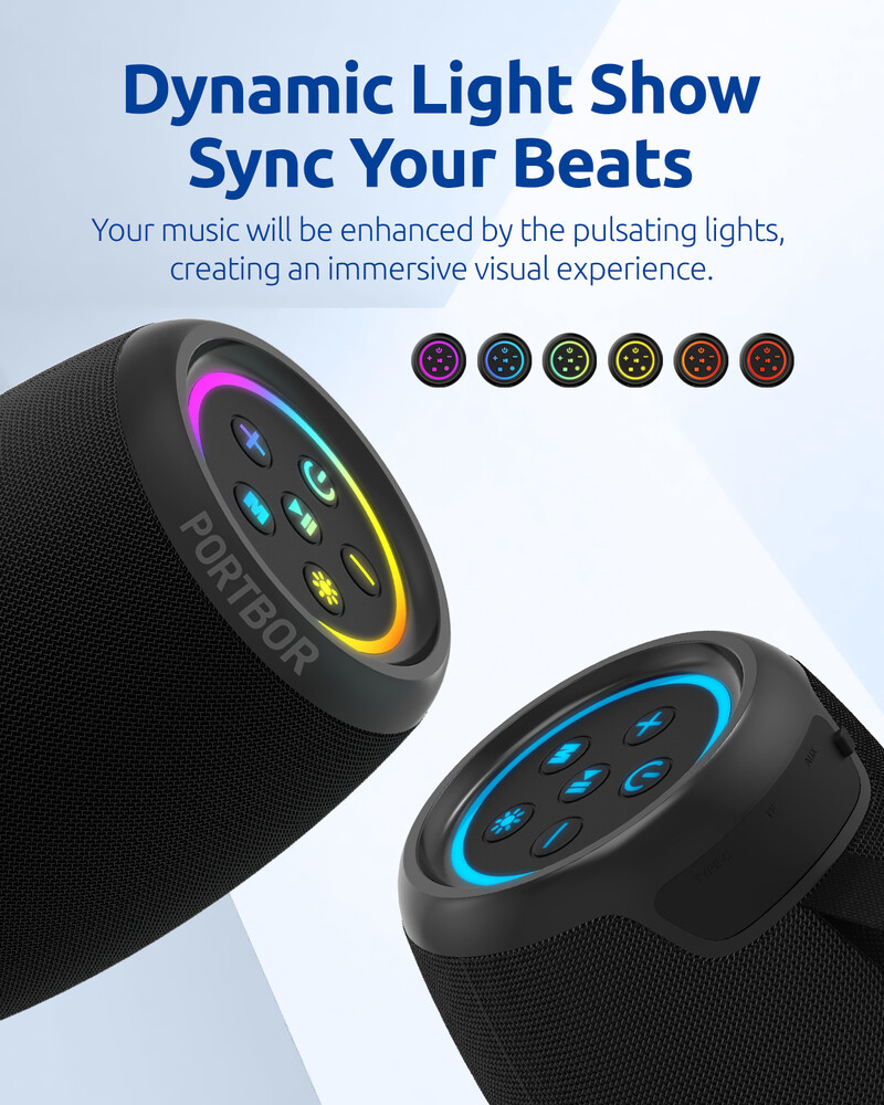 Bluetooth zvučnik, snažan mali prijenosni bežični zvučnik s FM radiom, IPX6 vodootporan, 5 načina rada LED svjetla, mikrofon, USB