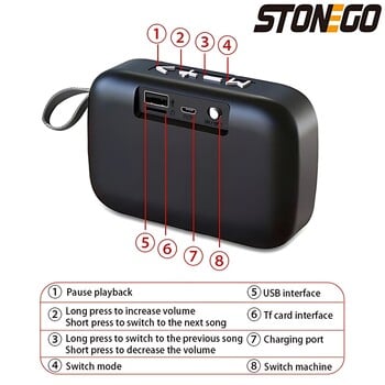 STONEGO 1PC Ασύρματο ηχείο Bluetooth Φορητό 3D στερεοφωνικό ηχείο Υποστήριξη υπαίθριων ηχείων Κάρτα FM TF