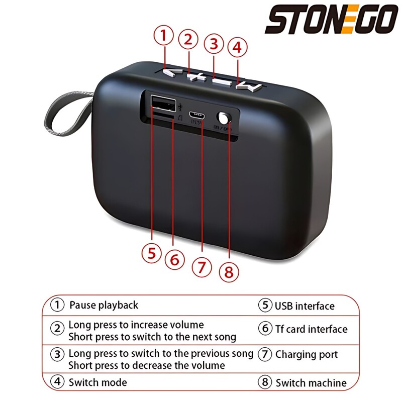 STONEGO 1PC belaidis „Bluetooth“ garsiakalbis, nešiojamasis 3D stereofoninis garsiakalbis, lauko garsiakalbis, palaikantis FM TF kortelę