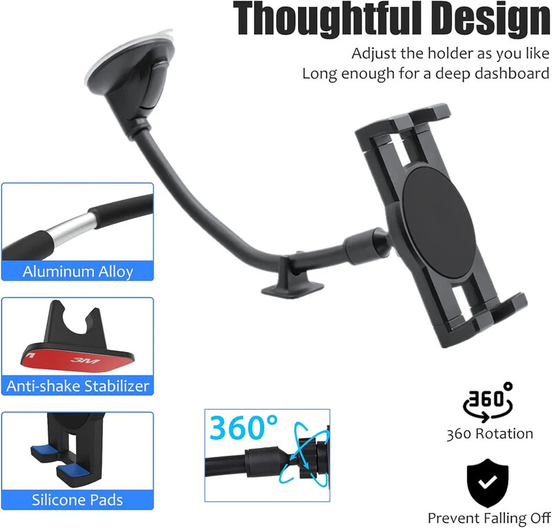 Vējstikla automašīnas planšetdatora stiprinājuma kravas automašīnas loga paneļa tālruņa planšetdatora turētāja piesūceknis, garā roka iPad 11 12,9 Air Mini 4,0–11 collu