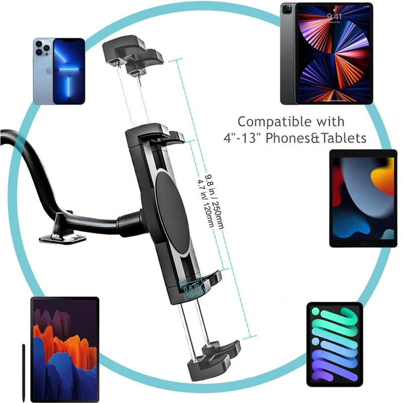 Vējstikla automašīnas planšetdatora stiprinājuma kravas automašīnas loga paneļa tālruņa planšetdatora turētāja piesūceknis, garā roka iPad 11 12,9 Air Mini 4,0–11 collu
