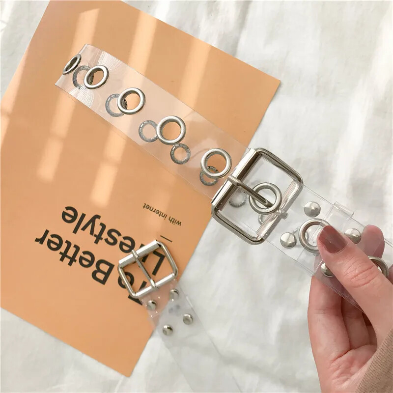 Moteriškas skaidrus diržas su įvorėmis Moteriškas „Disigner“ „Punk“ kniedės sagtis, juosmens derva, plastikas, PVC kelnių džinsai, skaidrūs diržai