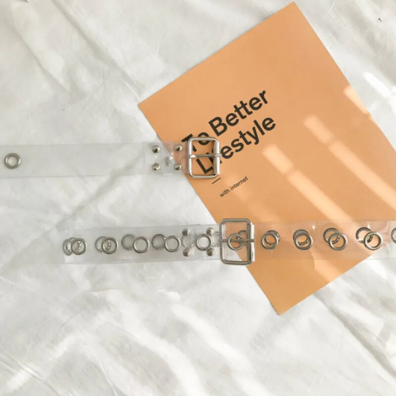 Moteriškas skaidrus diržas su įvorėmis Moteriškas „Disigner“ „Punk“ kniedės sagtis, juosmens derva, plastikas, PVC kelnių džinsai, skaidrūs diržai