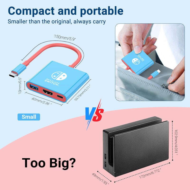 4K HDTV USB 3.0 priključak i USB C punjačka putna stanica 100 W PD punjenje za Nintendo Switch/Nintendo Switch OLED model