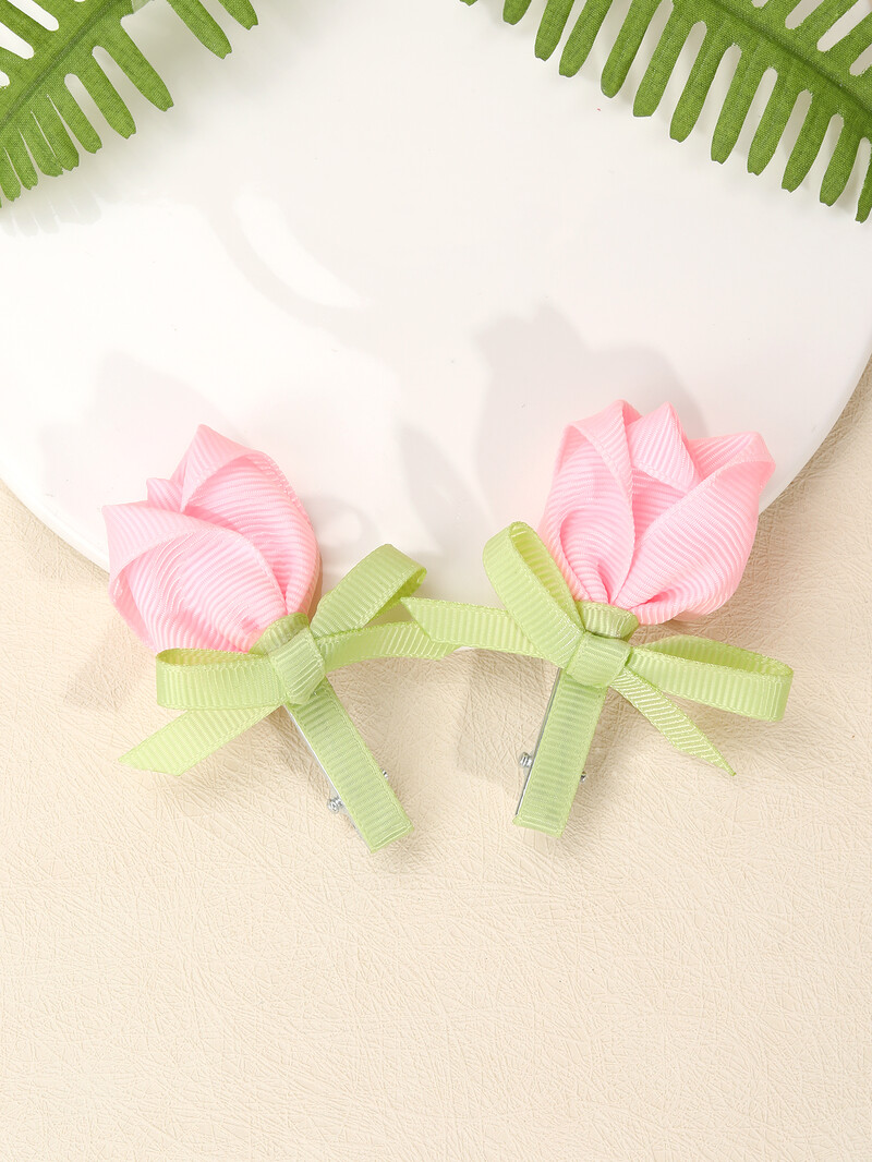 2 vnt. Rožinės rožės lankeliais dekoruoti plaukų segtukai mažoms mergaitėms, satino juostelės plaukų segtukai, saldūs plaukų aksesuarai vaikams