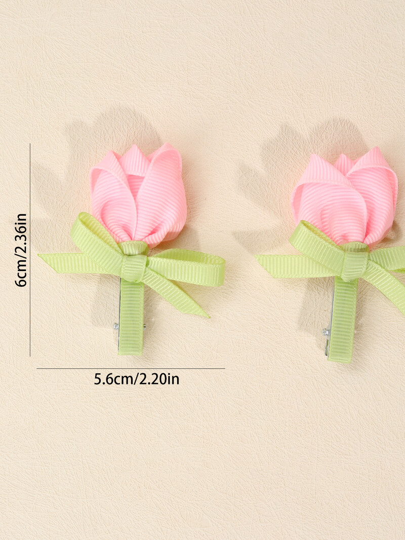 2 vnt. Rožinės rožės lankeliais dekoruoti plaukų segtukai mažoms mergaitėms, satino juostelės plaukų segtukai, saldūs plaukų aksesuarai vaikams