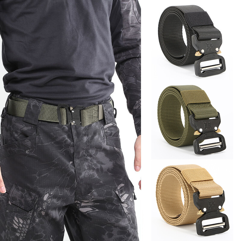 1 centură tactică pentru bărbați, cu cataramă metalică cu eliberare rapidă, cu o centură din nailon în stil sport în aer liber.