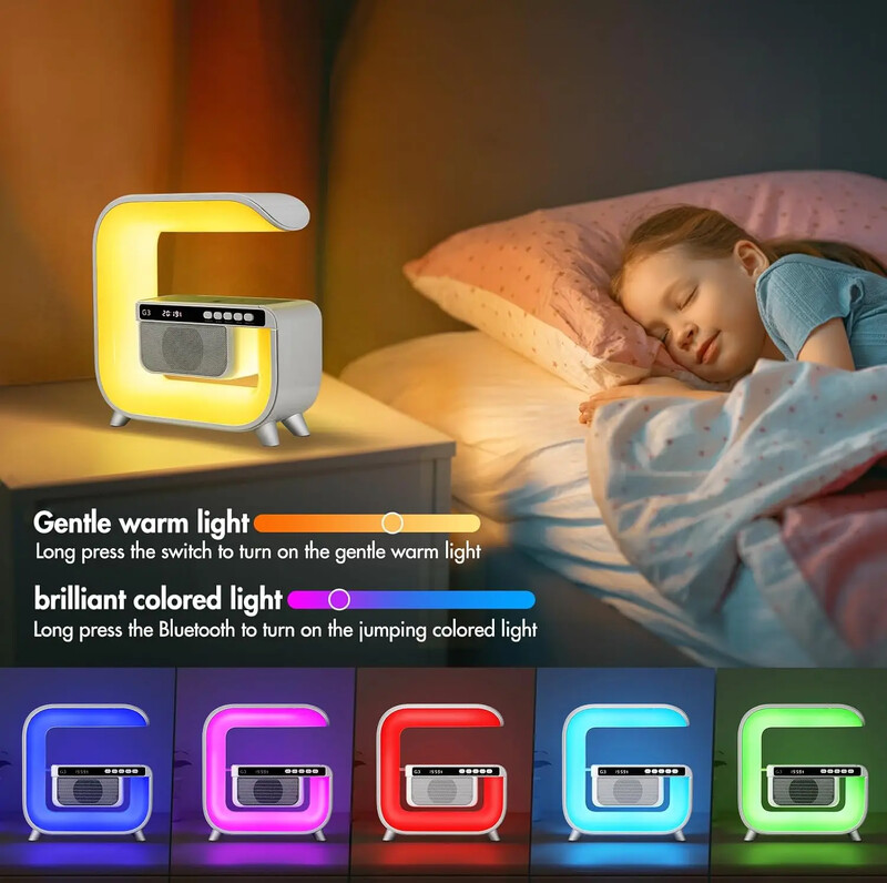 Difuzoare Bluetooth Hi-Fi G3 Lampă de atmosferă cu încărcător fără fir Qi de 15 W Lampă de schimbare a culorii cu ceas cu alarmă Lumină în flux