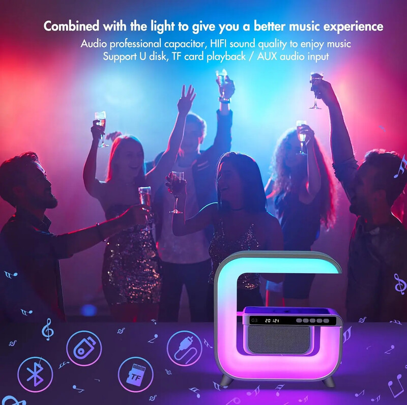 Difuzoare Bluetooth Hi-Fi G3 Lampă de atmosferă cu încărcător fără fir Qi de 15 W Lampă de schimbare a culorii cu ceas cu alarmă Lumină în flux