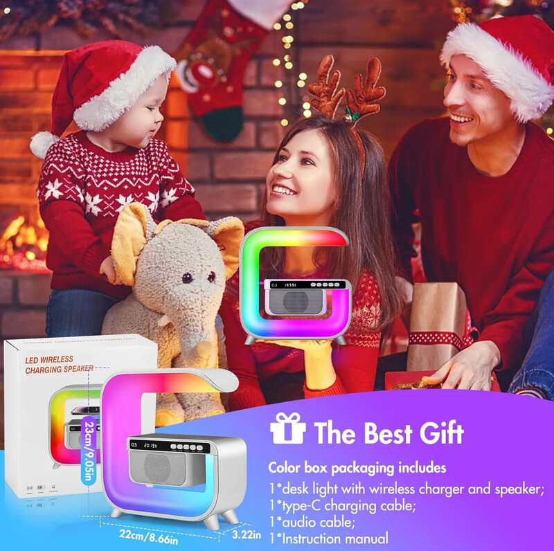 Difuzoare Bluetooth Hi-Fi G3 Lampă de atmosferă cu încărcător fără fir Qi de 15 W Lampă de schimbare a culorii cu ceas cu alarmă Lumină în flux