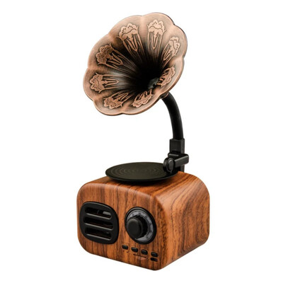 Bezdrôtový Bluetooth reproduktor, nabíjacia karta, malý stereo, retro, vintage, gramofón, prenosný, USB, cestovný