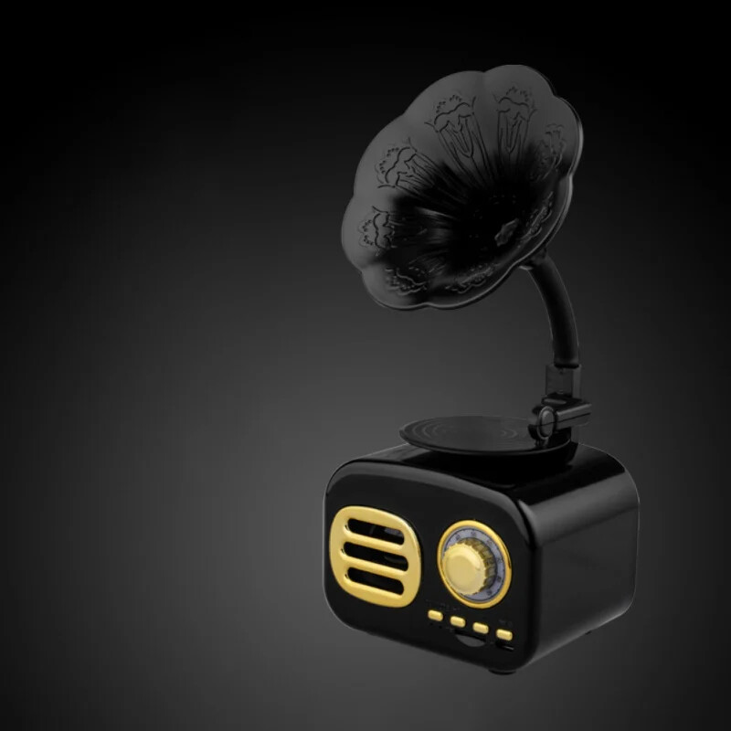 Bezdrôtový Bluetooth reproduktor, nabíjacia karta, malý stereo, retro, vintage, gramofón, prenosný, USB, cestovný
