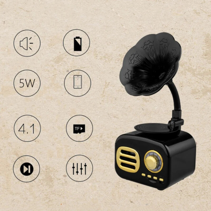 Bezdrôtový Bluetooth reproduktor, nabíjacia karta, malý stereo, retro, vintage, gramofón, prenosný, USB, cestovný