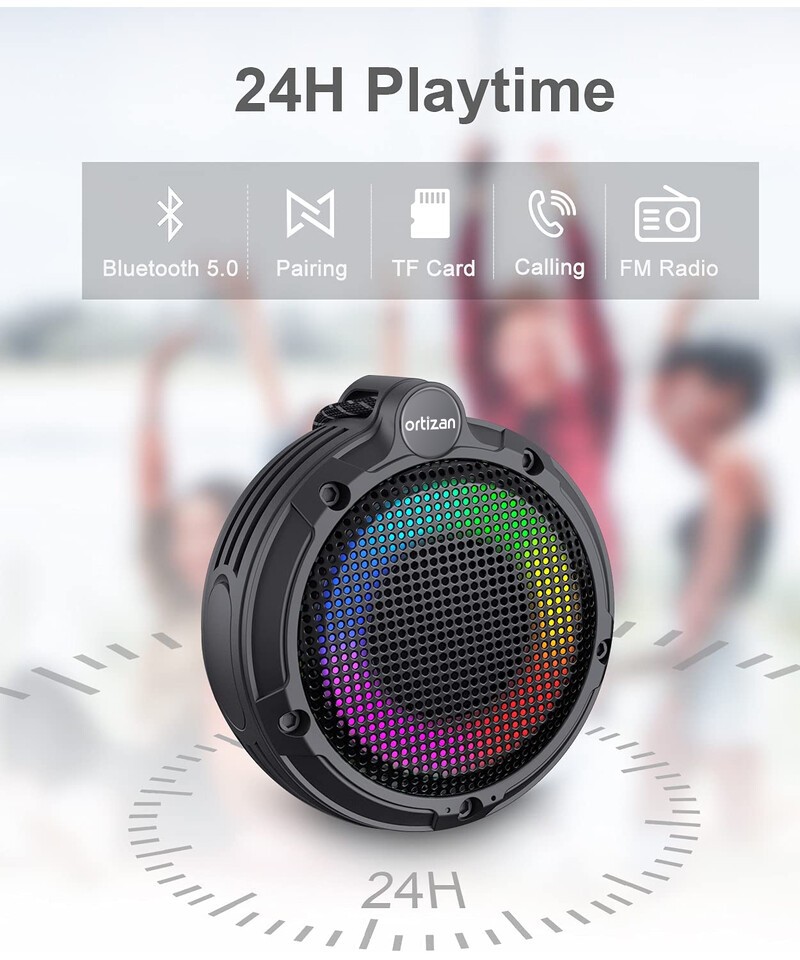 Vodotesný sprchový Bluetooth reproduktor Ortizan, prenosný bezdrôtový reproduktor s HD zvukom, párovaním TWS, LED svetlom, FM rádiom, plávajúcim...