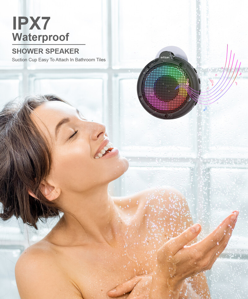 Vodotesný sprchový Bluetooth reproduktor Ortizan, prenosný bezdrôtový reproduktor s HD zvukom, párovaním TWS, LED svetlom, FM rádiom, plávajúcim...