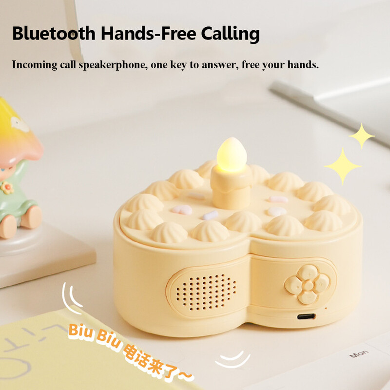 Roztomilý Bluetooth reproduktor v tvare narodeninovej torty, Bluetooth hudobná skrinka, bezdrôtový handsfree hovor, MP3 hudobný prehrávač s fúkaným mäkkým svetlom