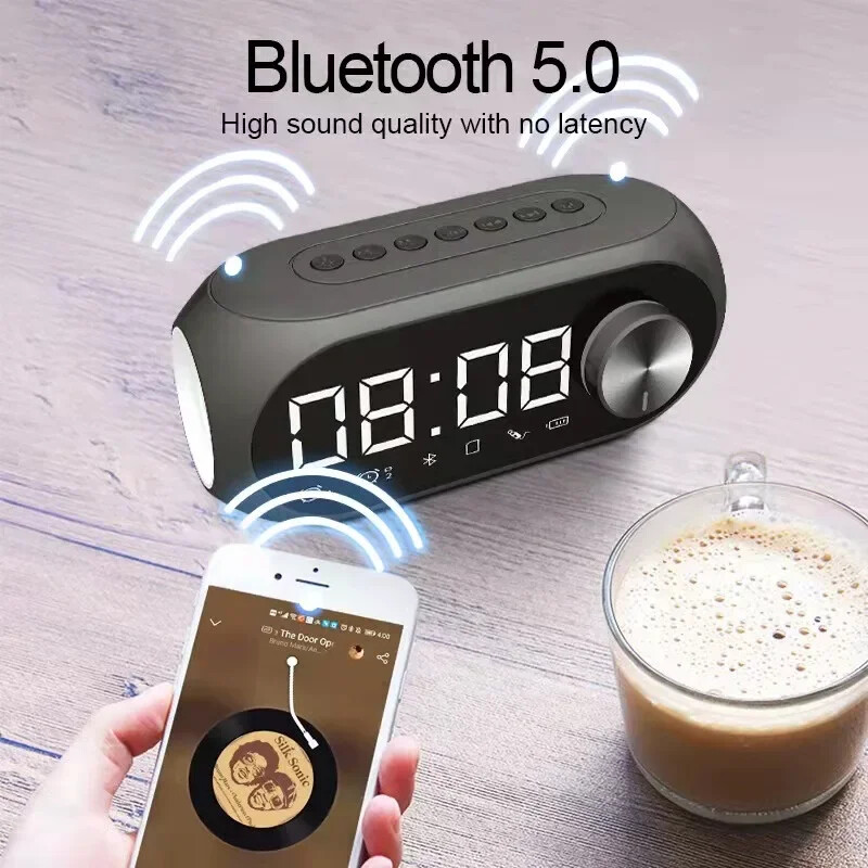 Bezdrôtový Bluetooth reproduktor s budíkom, LED svetlo, prenosný zvuk, podpora prehrávania TF kariet, FM rádio, vhodný do spálne s párty