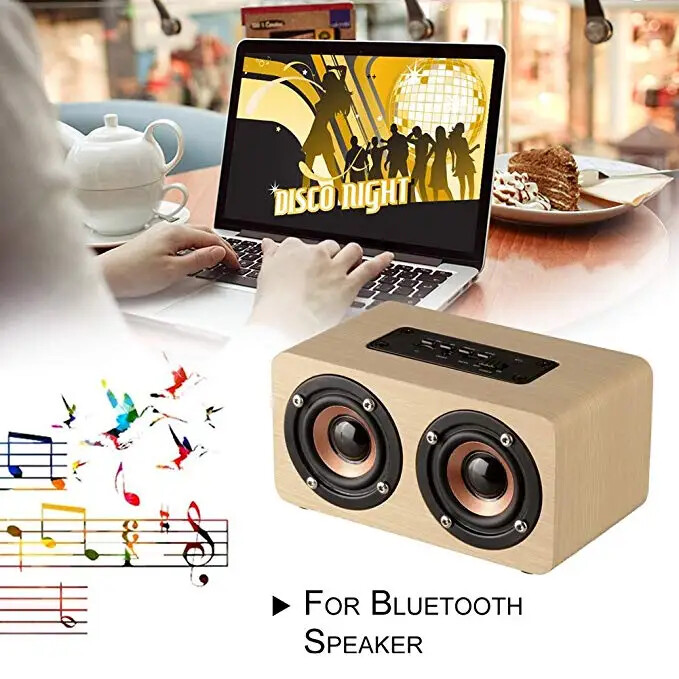 6W drevený Bluetooth reproduktor, prenosný stereo HiFi reproduktor, TF prehrávač, handsfree hovory, AUX vstup, super basový reproduktor, duálny subwoofer