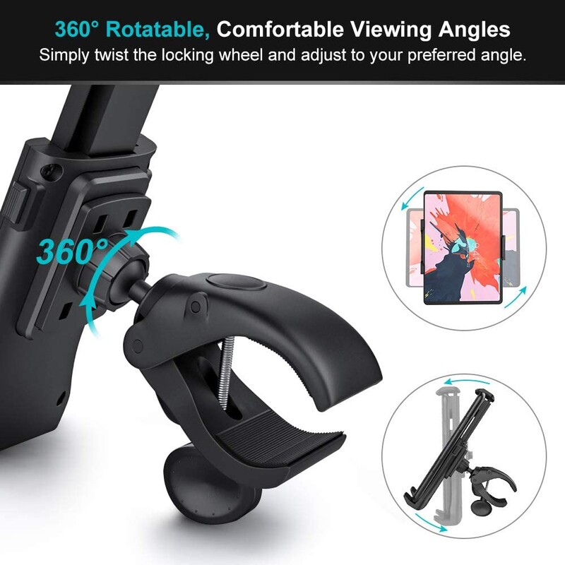 Suport pentru tabletă iBudim pentru bicicletă, bandă de alergare de 4-12 inci, ghidon de sală de gimnastică pentru interior, suport pentru tabletă pentru computer, suport pentru telefonul pentru bicicletă iPad Air Pro